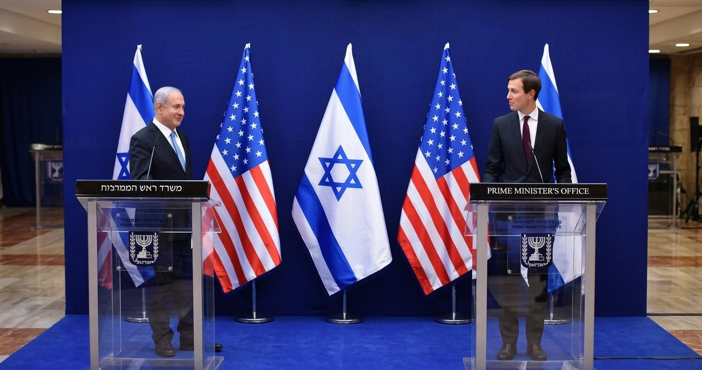 Mantan Perdana Menteri Israel Benjamin Netanyahu dan utusan AS di podium dengan bendera Israel dan Amerika Serikat.