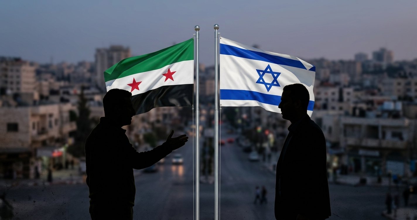 Ilustrasi siluet negosiasi diplomasi antara pejabat Suriah dan Israel di bawah bendera kedua negara.