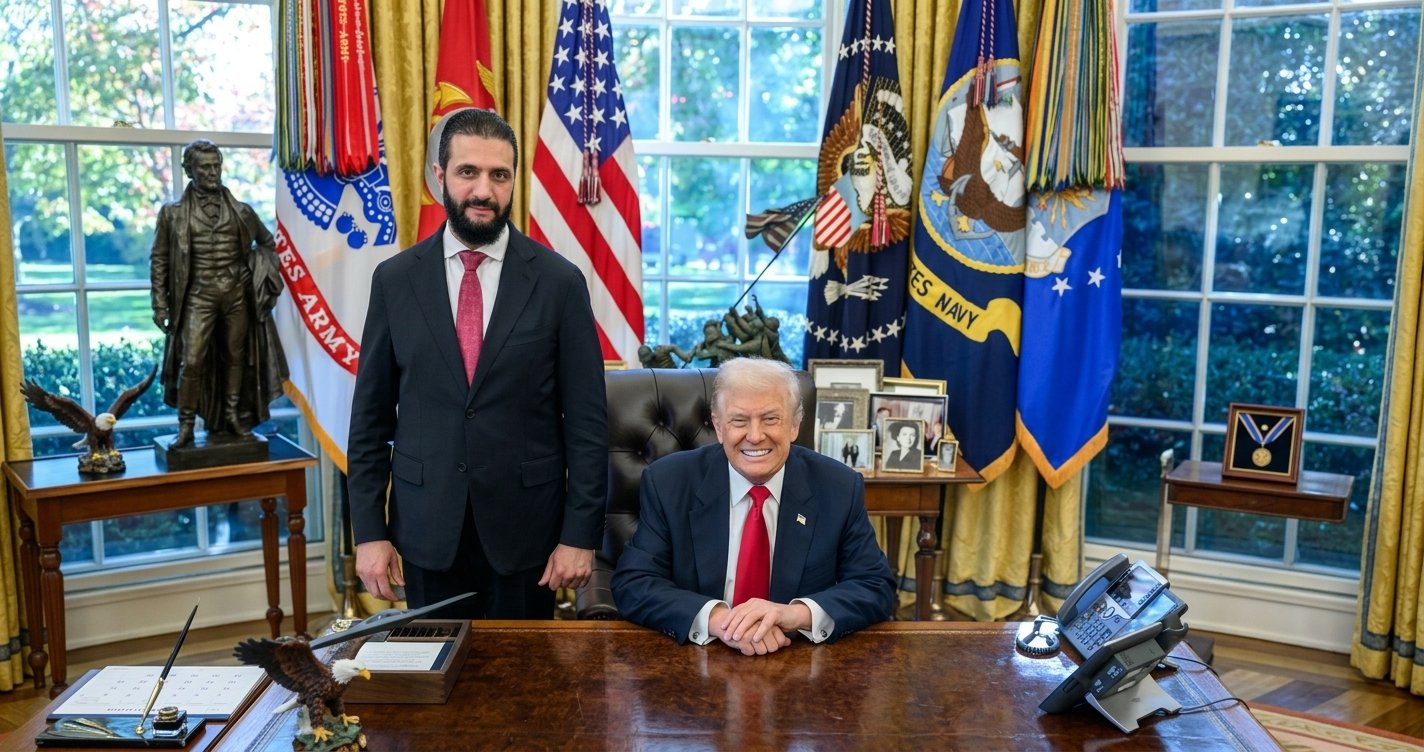 Presiden AS Donald Trump bersama pemimpin Suriah Ahmed al-Sharaa di Ruang Oval Gedung Putih.