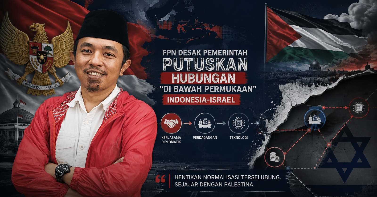 Ilustrasi penolakan normalisasi dan hubungan perdagangan di bawah permukaan Indonesia dengan Israel.