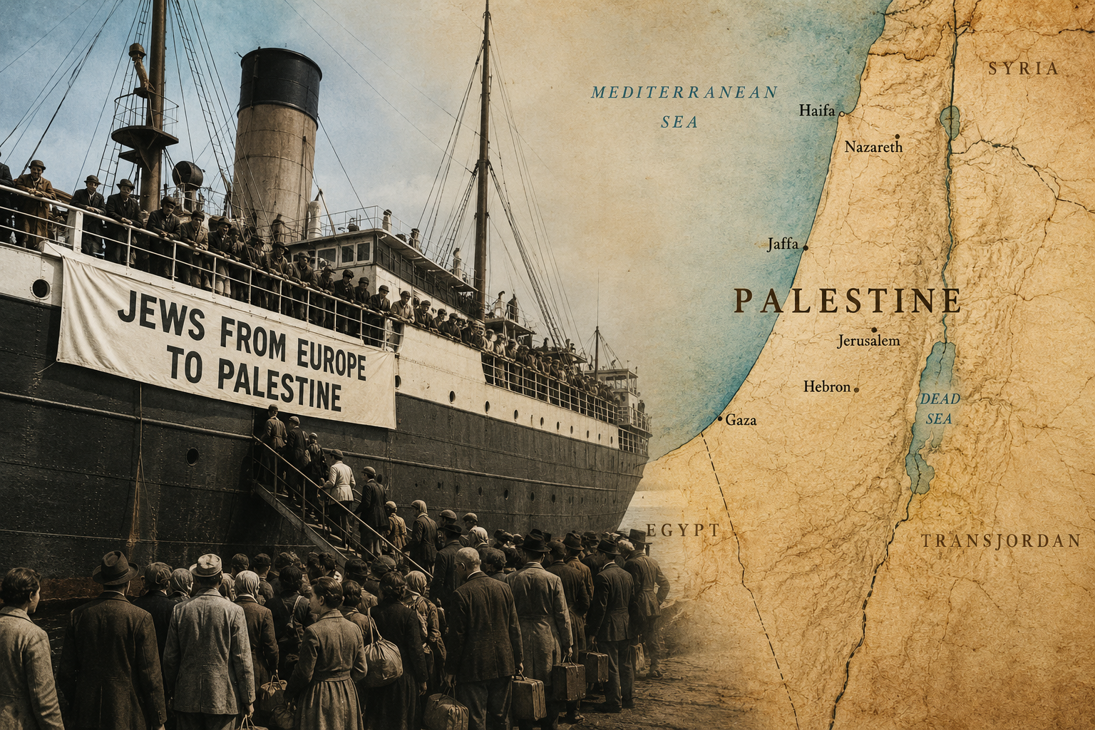 Ilustrasi kapal yang mengangkut imigran Yahudi dari Eropa menuju Palestina pada masa Perang Dunia II dengan latar peta Palestina.