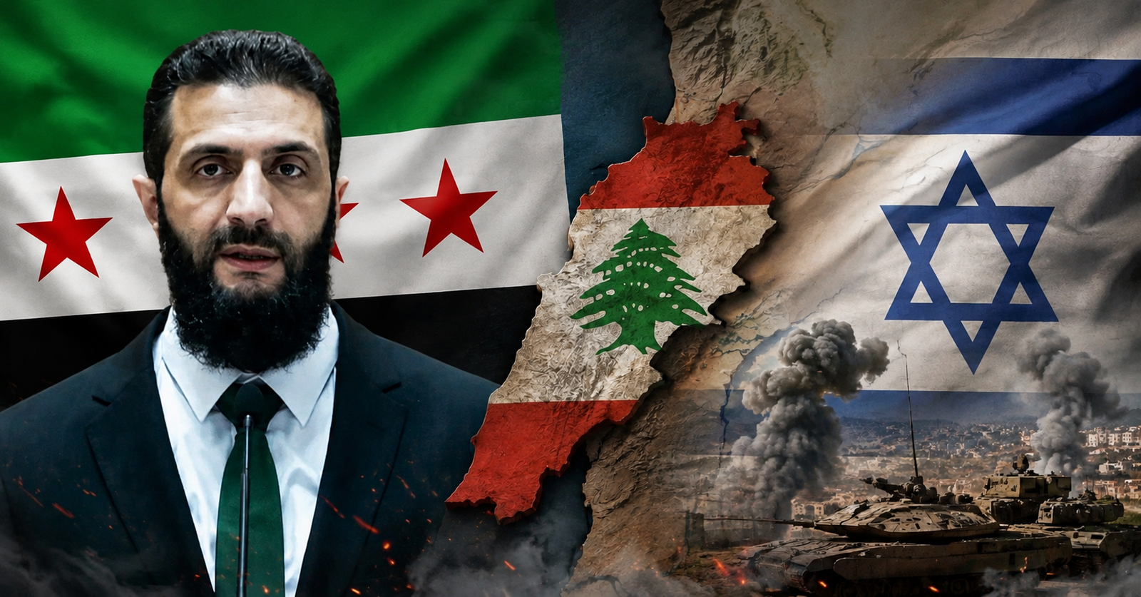 Ilustrasi ketegangan geopolitik menampilkan sosok Jolani, peta Lebanon, serta bendera Suriah dan Israel.