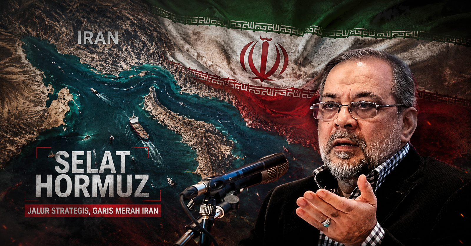 Mohammad Baqer Zolghadr dengan latar belakang peta Selat Hormuz dan bendera Iran.
