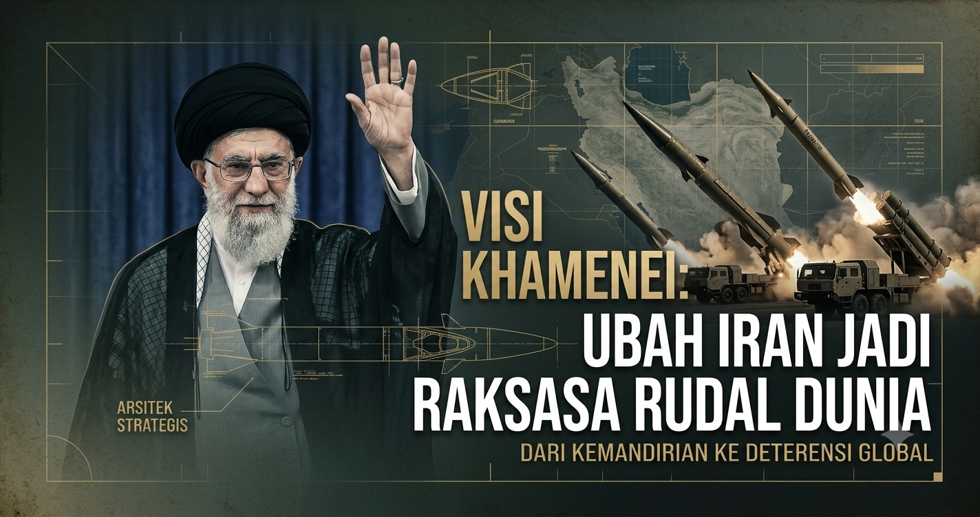 Grafis Imam Khamenei dan rudal balistik Iran bertajuk arsitek strategi pertahanan.