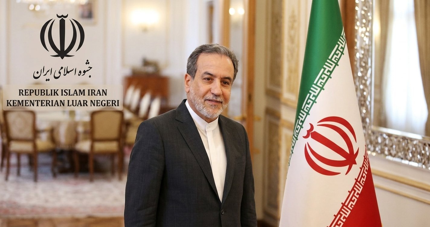 Menteri Luar Negeri Iran Abbas Araghchi berdampingan dengan bendera Iran.