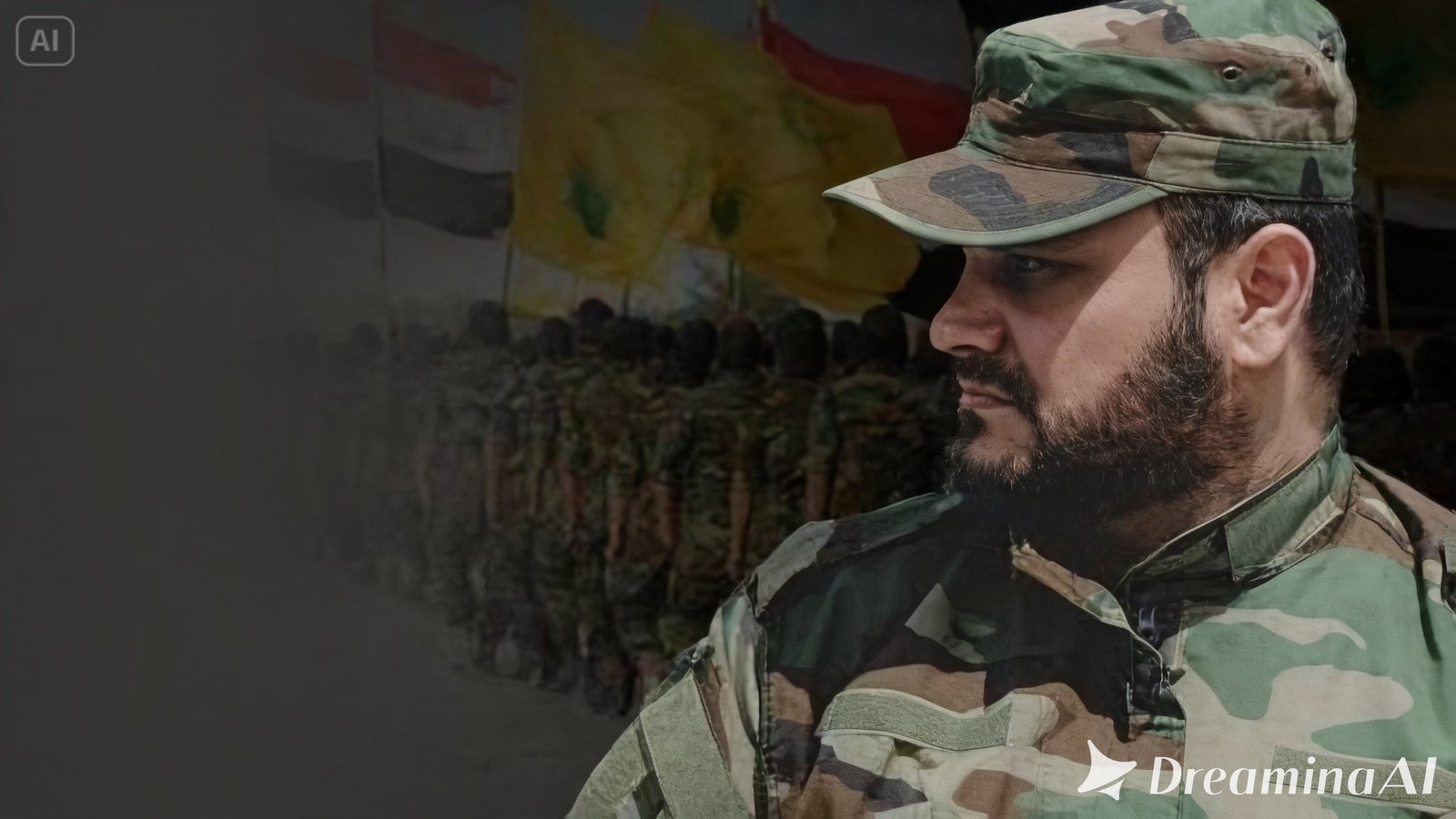 Prajurit milisi perlawanan Irak dengan latar belakang bendera kelompok Nujaba dan Irak.