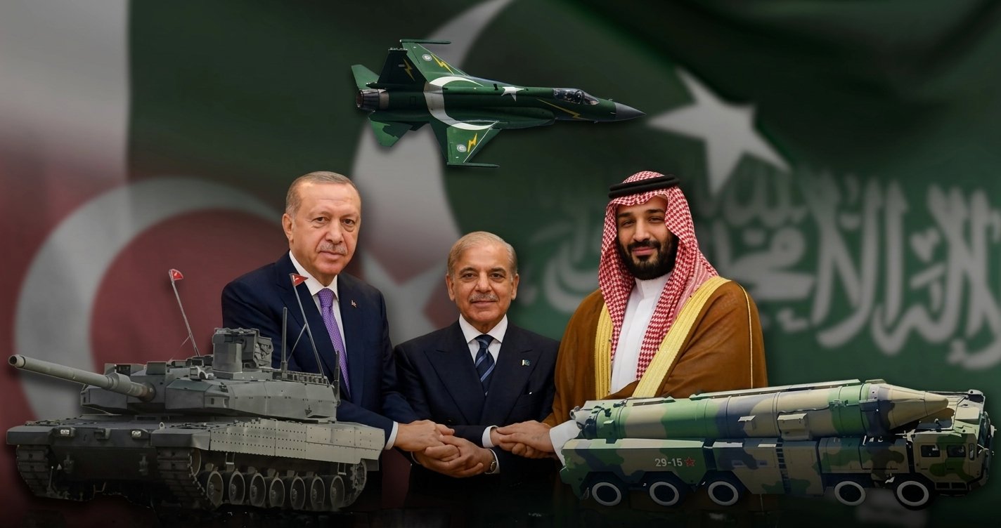 Kolase foto pimpinan Turki, Pakistan, dan Arab Saudi dengan latar belakang alutsista militer.