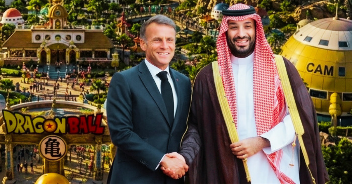 Ilustrasi Presiden Emmanuel Macron dan Putra Mahkota Mohammed bin Salman di depan taman hiburan Dragon Ball Z.