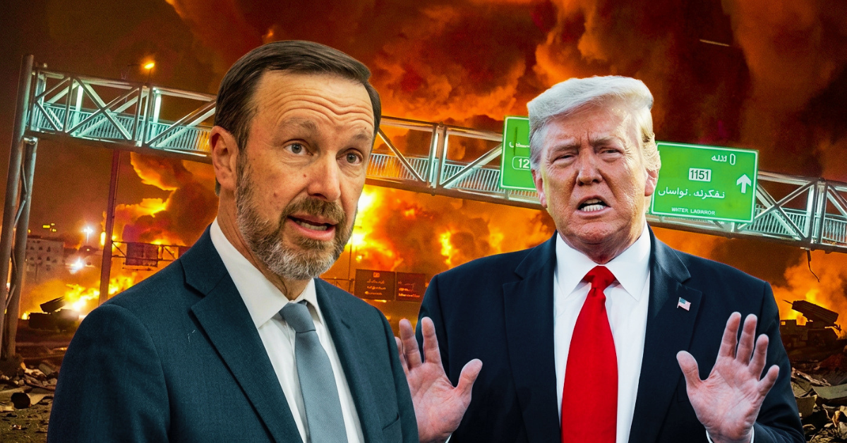 Senator AS Chris Murphy dan Presiden Donald Trump dengan latar belakang konflik perang Iran.