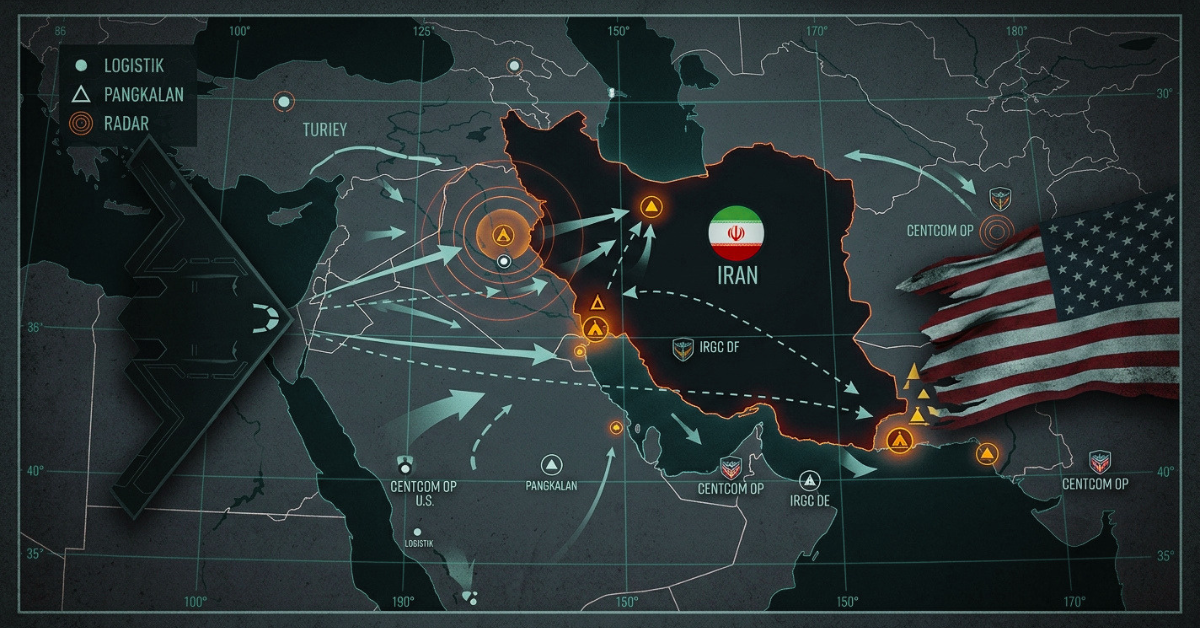 Peta strategis Timur Tengah dan pangkalan militer AS sebagai ilustrasi analisis strategi militer Iran.