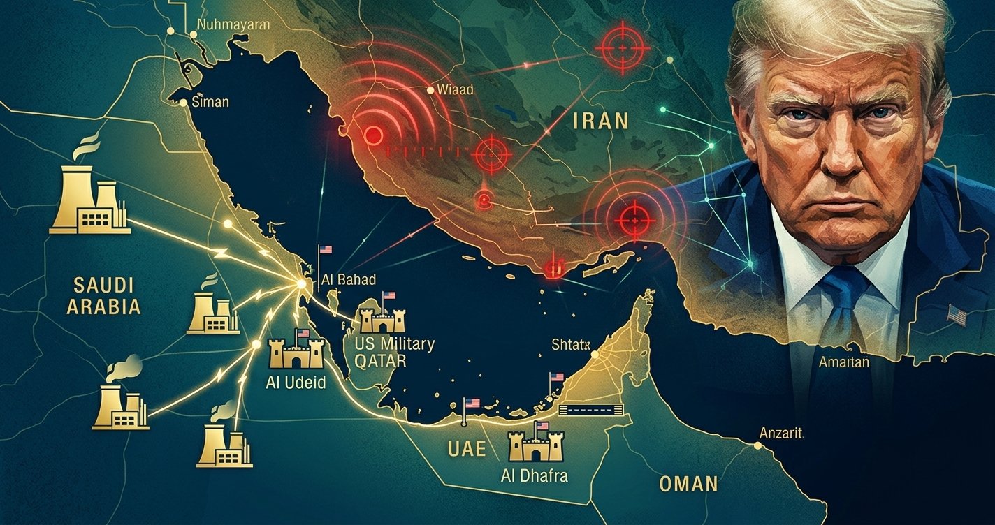 Ilustrasi Donald Trump dan jaringan peta pembangkit listrik Teluk Persia yang menyokong pangkalan militer AS.