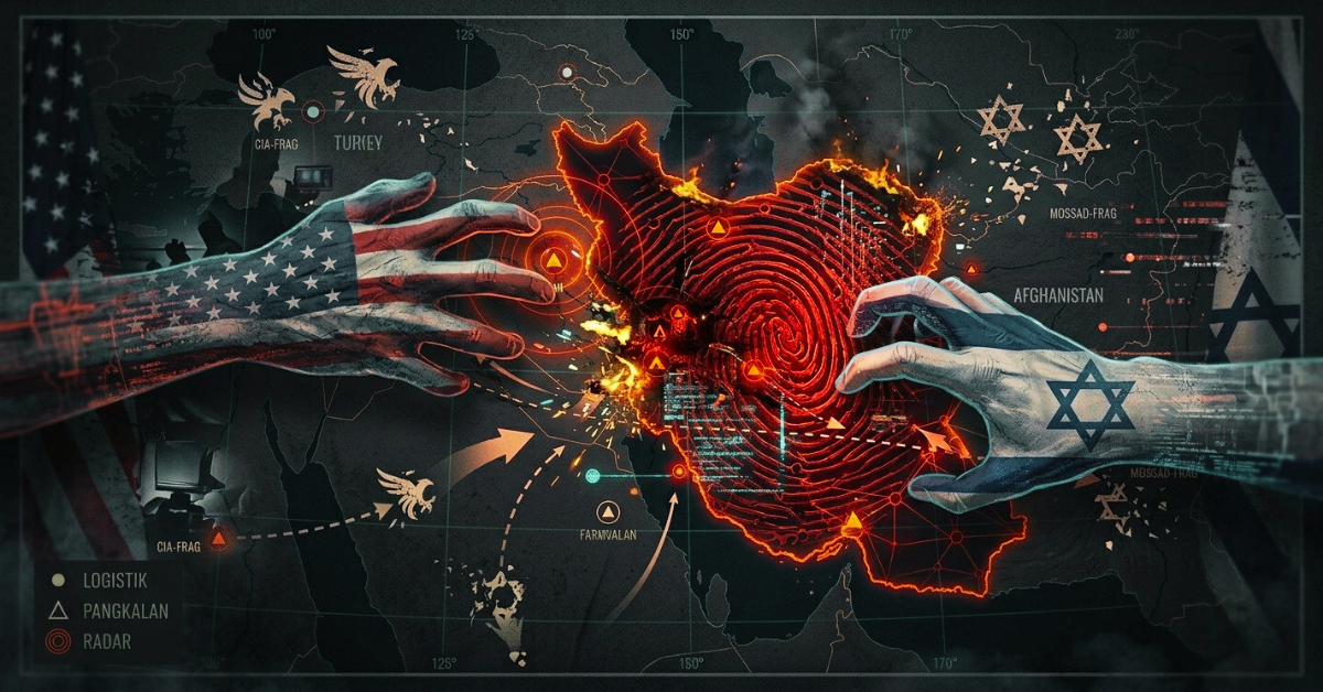 Ilustrasi editorial mengenai upaya penetrasi intelijen asing terhadap peta wilayah pertahanan Iran.