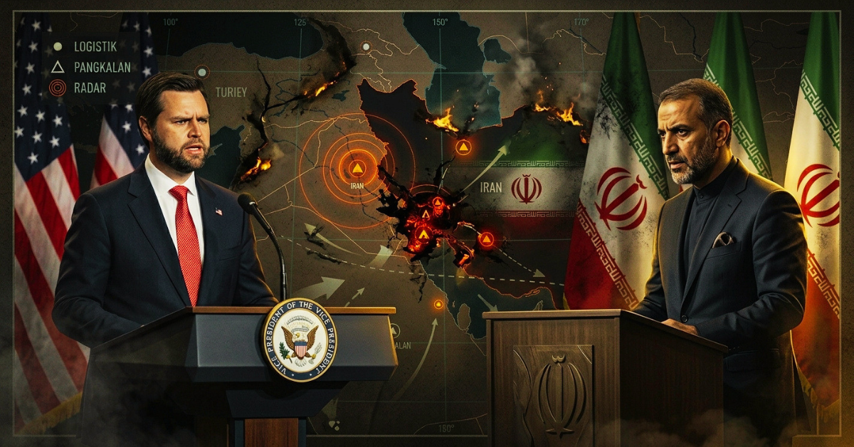 Sosok Wakil Presiden AS JD Vance dengan bendera Amerika Serikat dan Iran yang mengisyaratkan ketegangan geopolitik.