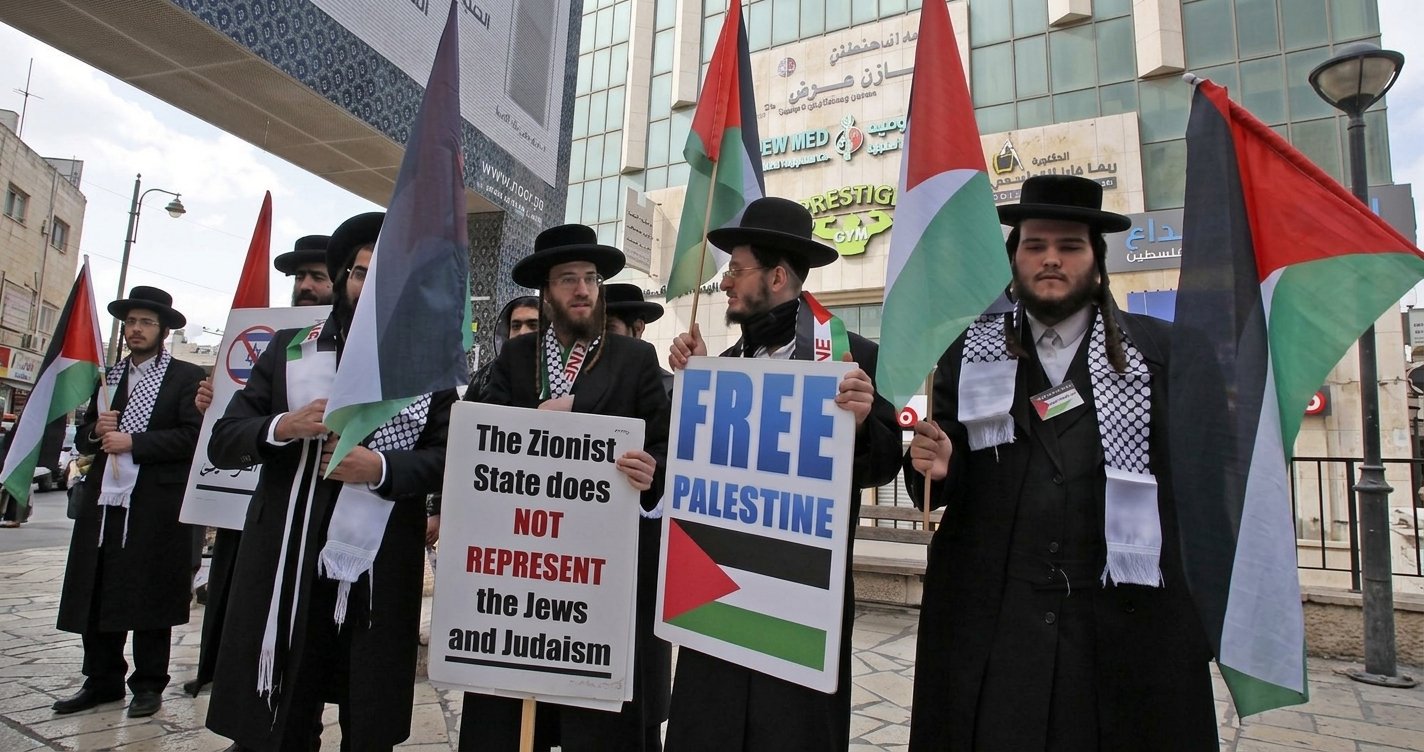 Aksi kelompok Yahudi membawa bendera Palestina dan poster penolakan terhadap negara Zionis.