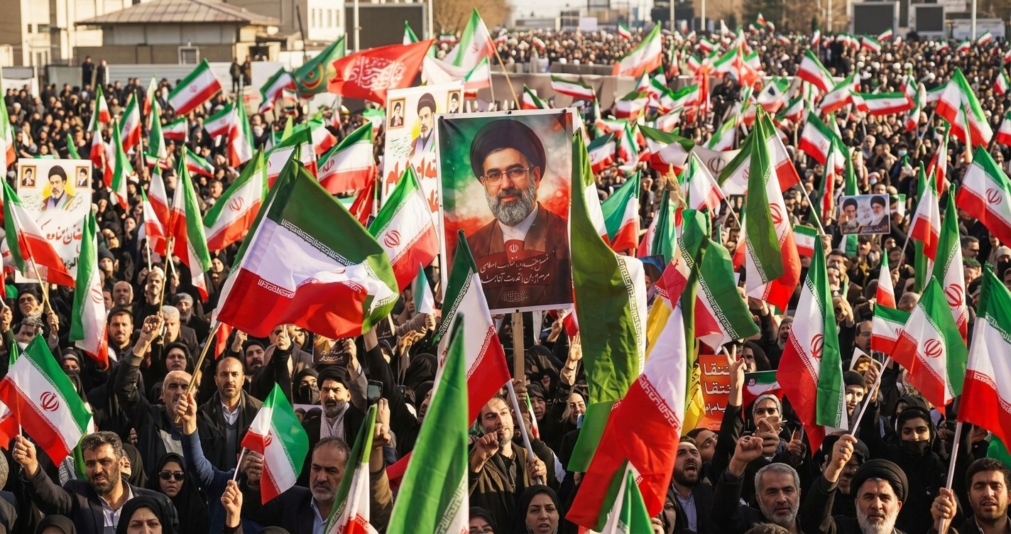 Aksi massa rakyat Iran mengibarkan bendera nasional dan menuntut pembalasan atas agresi.