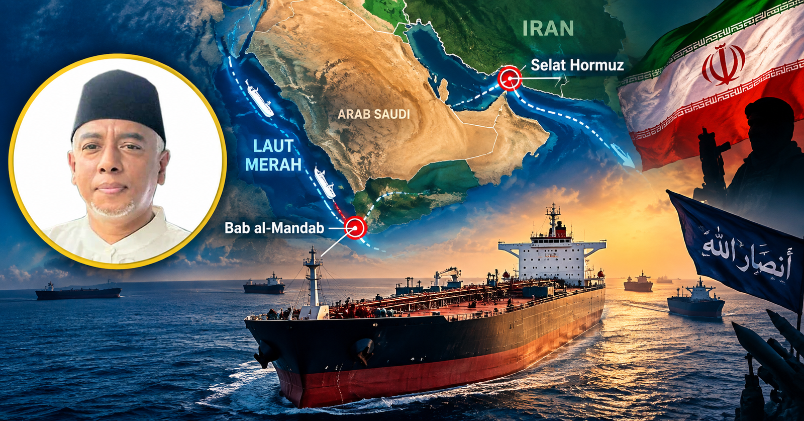Foto pengamat geopolitik dengan latar belakang peta jalur ekspor minyak Arab Saudi dan kapal tanker.