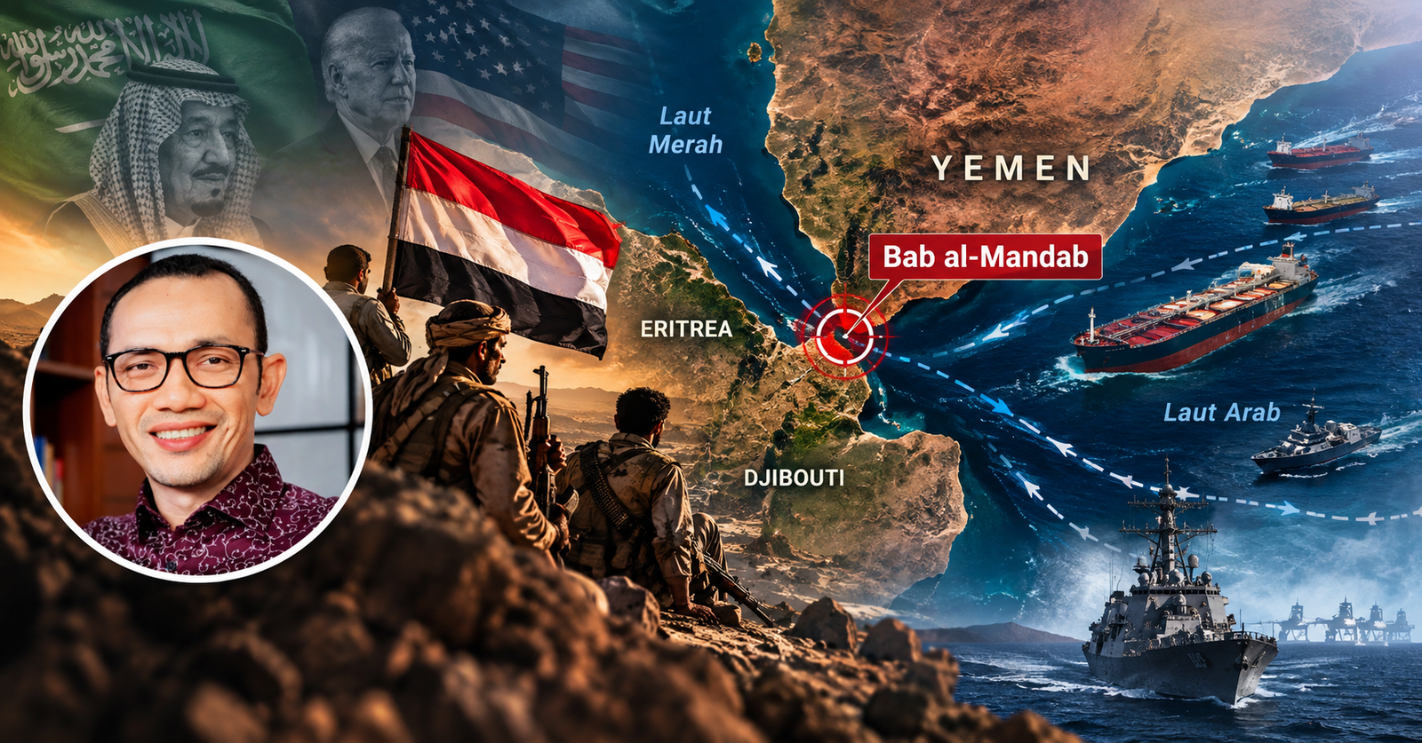 Ilustrasi peta strategis Selat Bab al-Mandab beserta foto penulis analisis geopolitik Yaman.