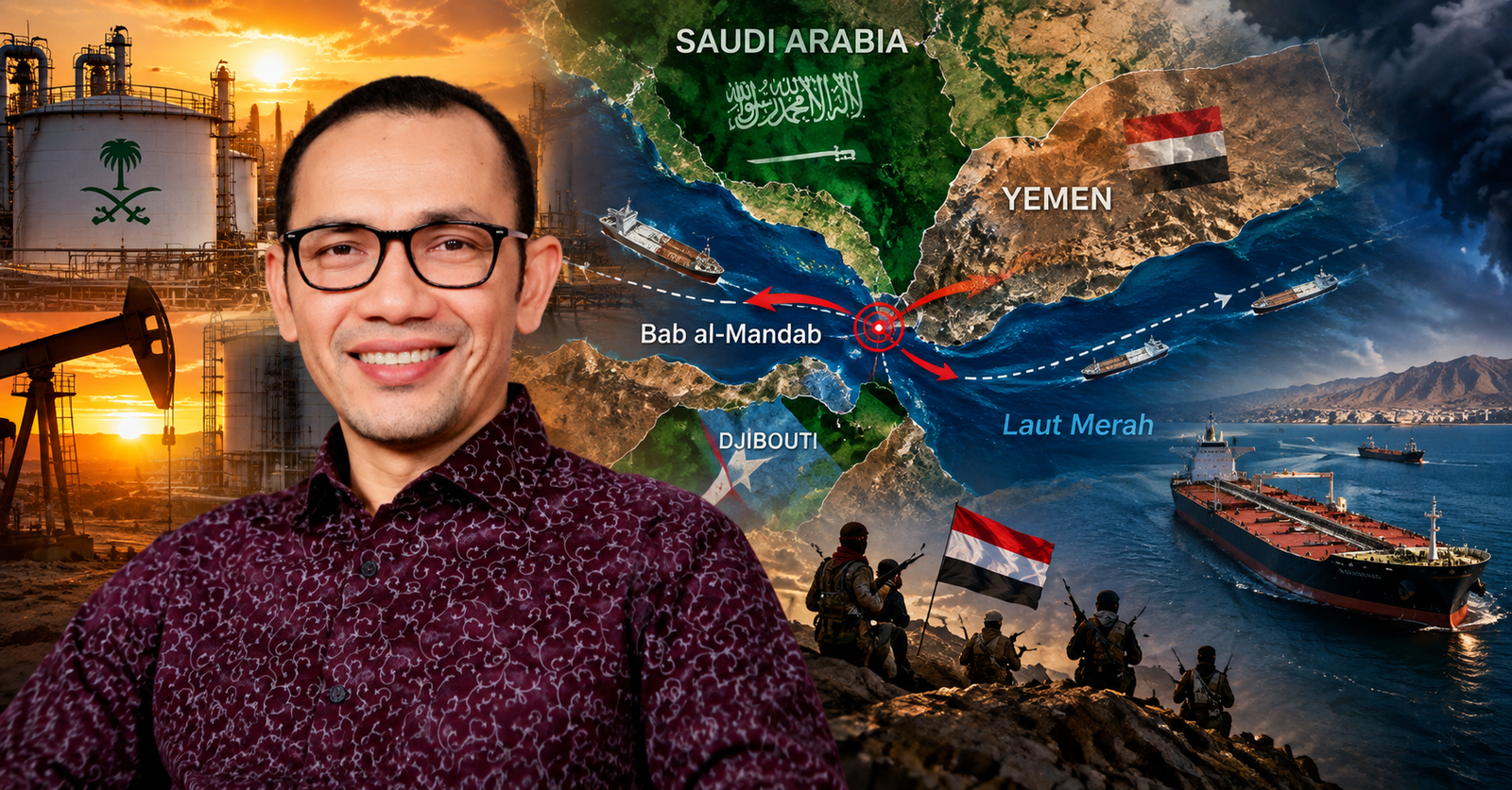 Foto pengamat geopolitik dengan latar belakang peta wilayah konflik Yaman dan fasilitas minyak Arab Saudi.