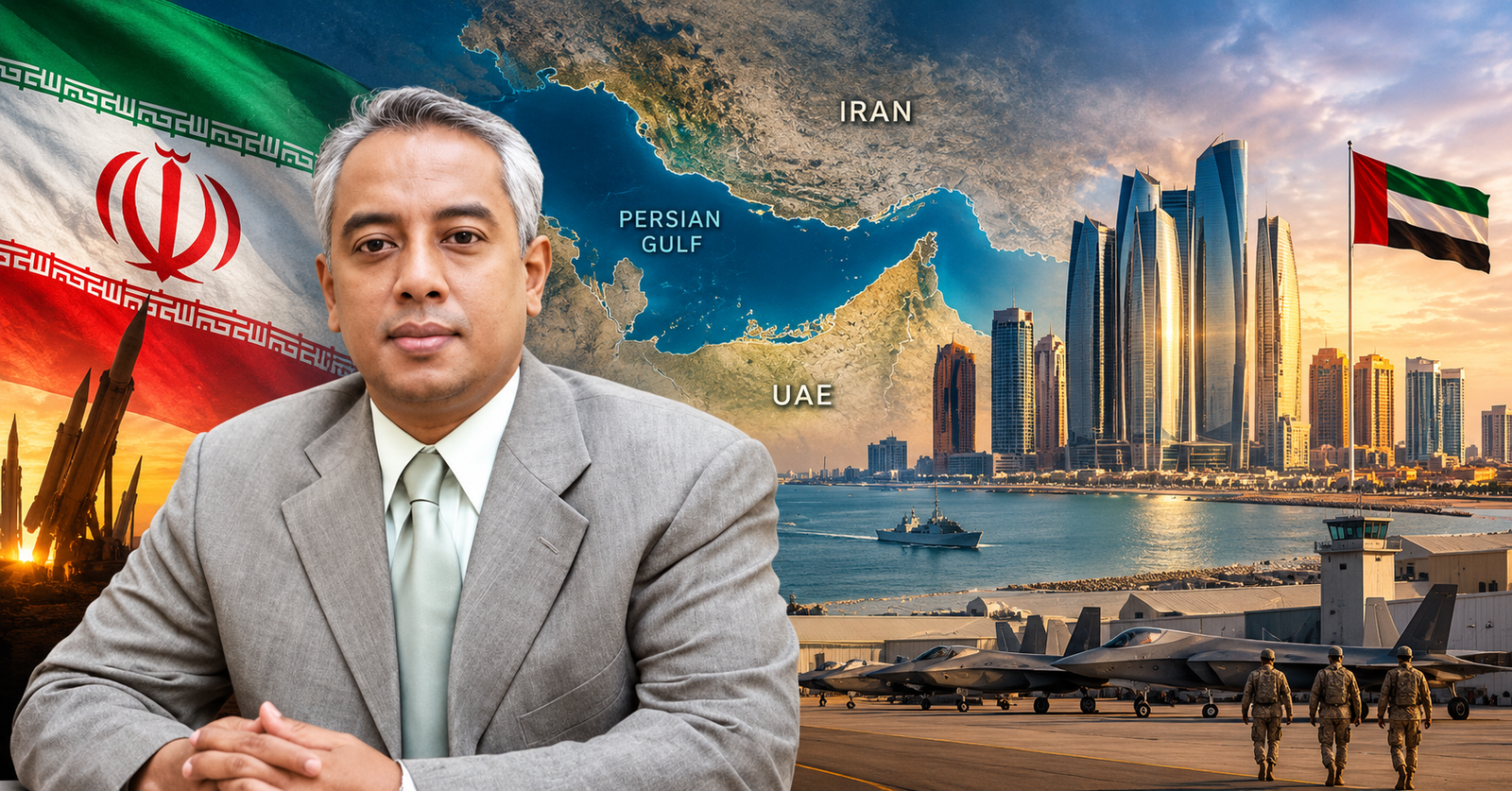 Foto pengamat geopolitik dengan latar belakang peta Teluk Persi dan simbol Uni Emirat Arab-Iran.