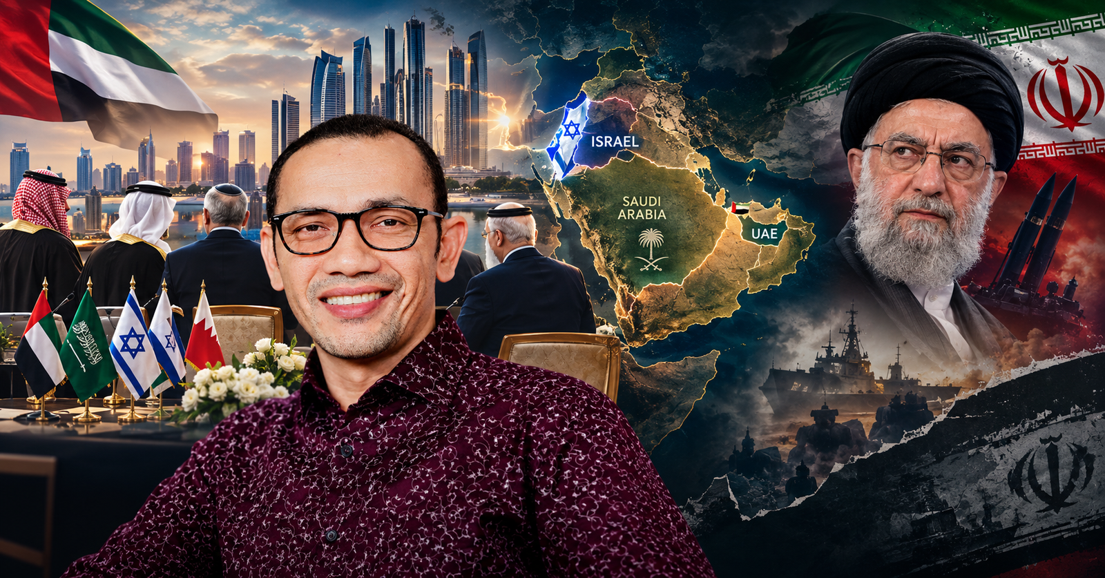 Ilustrasi analisis geopolitik pertemuan rahasia regional dan dinamika konfrontasi di Timur Tengah.