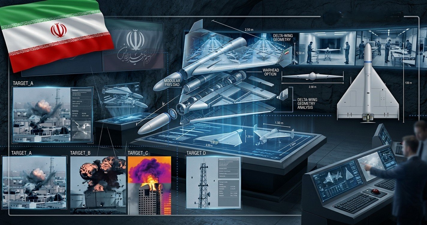 Ilustrasi cetak biru teknis dan analisis spesifikasi militer drone Shahed Iran.