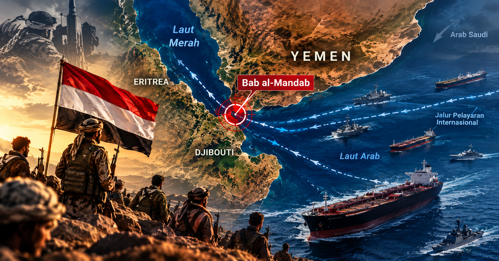 Peta geopolitik Selat Bab al-Mandab dan pergerakan pasukan Ansarallah di pesisir Laut Merah.