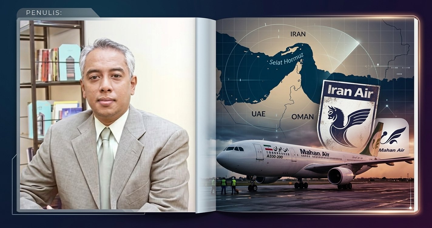 Foto pengamat geopolitik dengan latar belakang ilustrasi bandara dan penerbangan komersial Iran yang terdampak boikot.