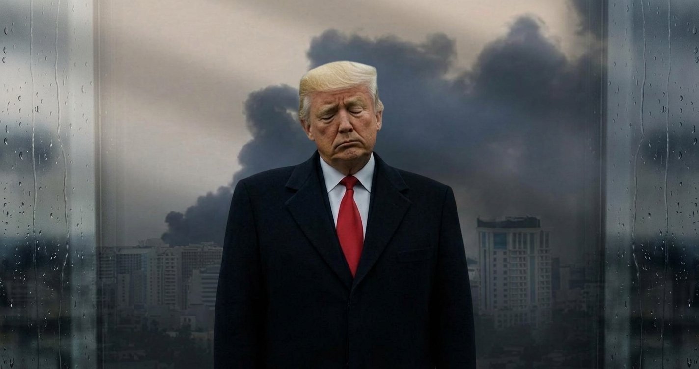Ilustrasi Donald Trump dengan latar belakang suasana krisis terkait dampak ekonomi perang terhadap Iran.