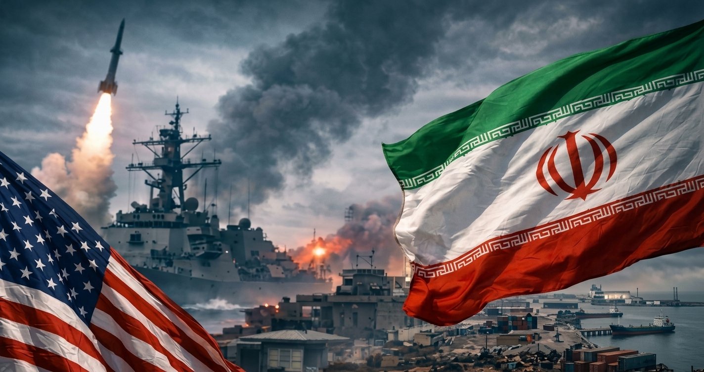 Ilustrasi peluncuran rudal Iran dan kapal perang Amerika Serikat yang terbakar di kawasan Teluk.
