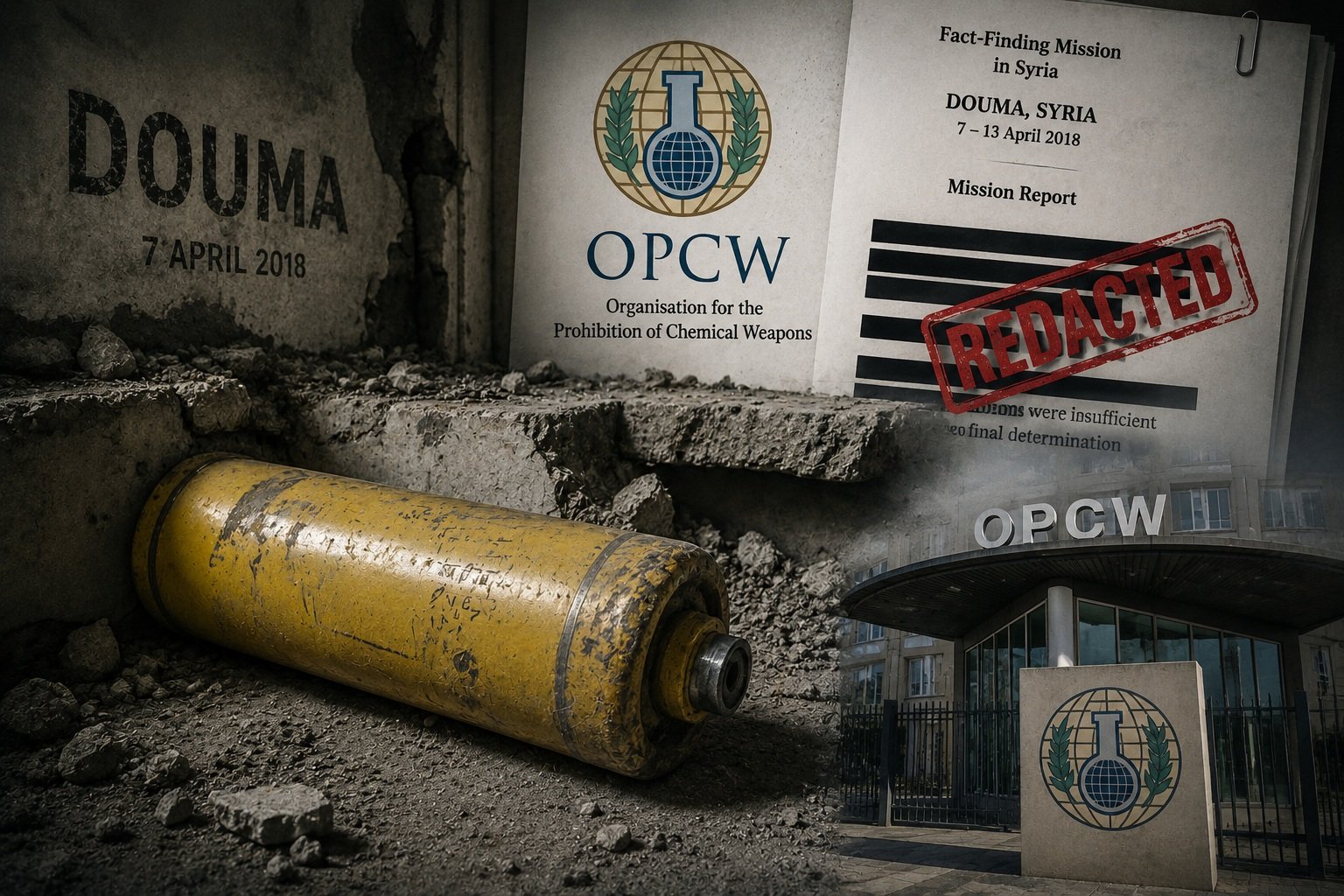 Silinder gas kuning di lokasi insiden Douma 2018 yang menjadi objek sengketa dalam investigasi OPCW tentang dugaan serangan senjata kimia di Suriah.