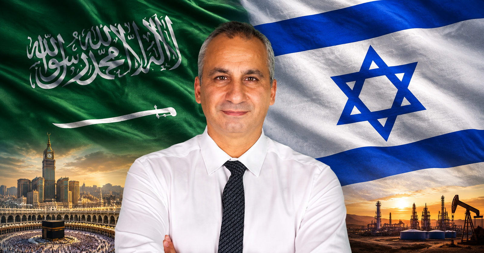 Pengamat Israel Edy Cohen dengan latar belakang bendera Arab Saudi dan Israel terkait klaim aliansi militer.