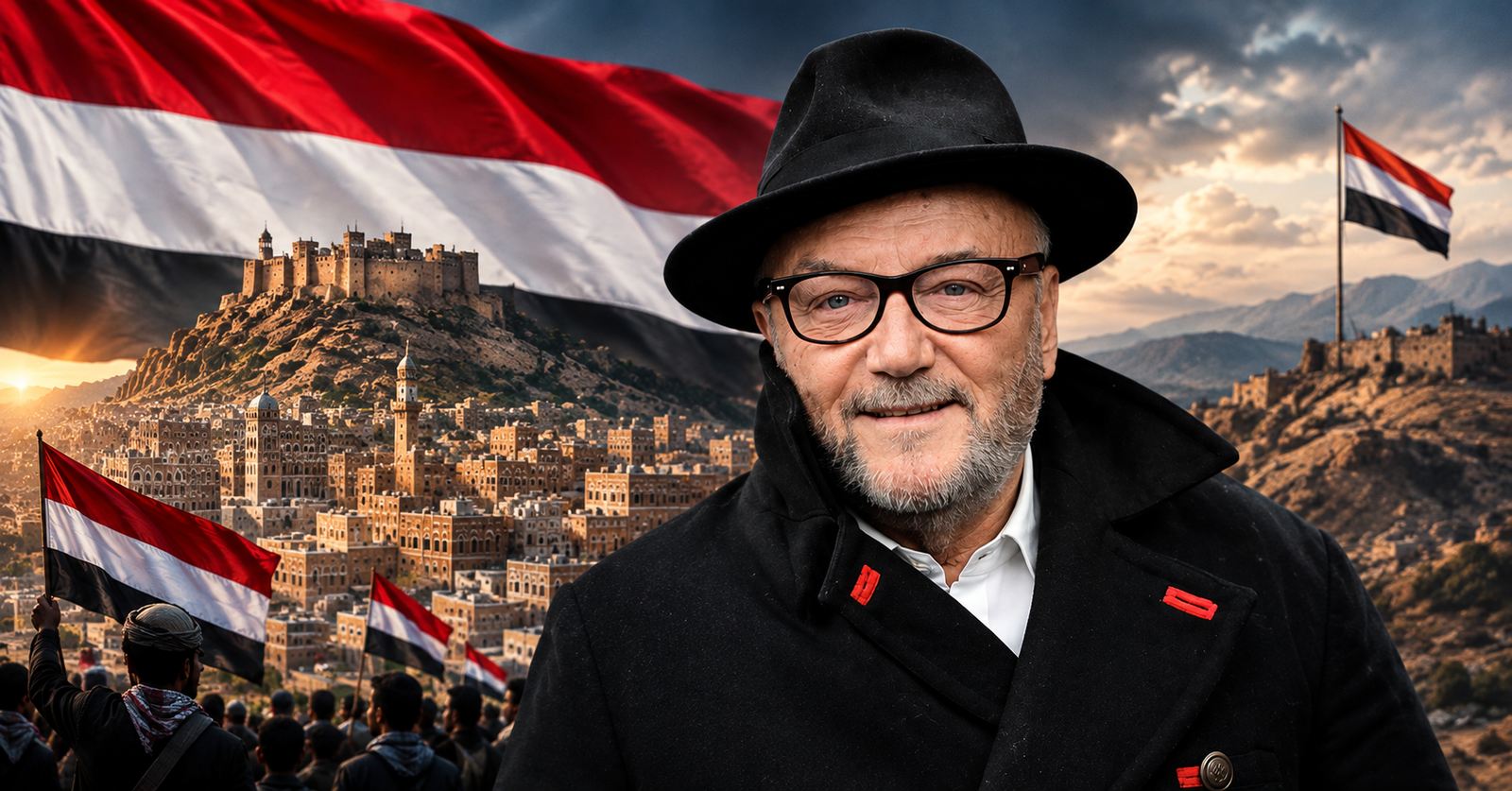 Foto George Galloway dengan latar belakang lanskap peradaban Yaman.