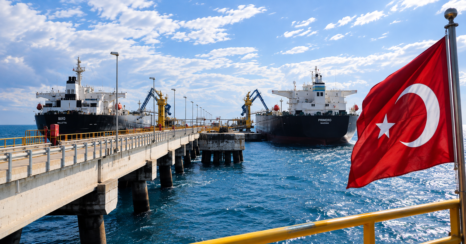 Kapal tanker minyak sedang bersandar di terminal pelabuhan energi Ceyhan Turki.