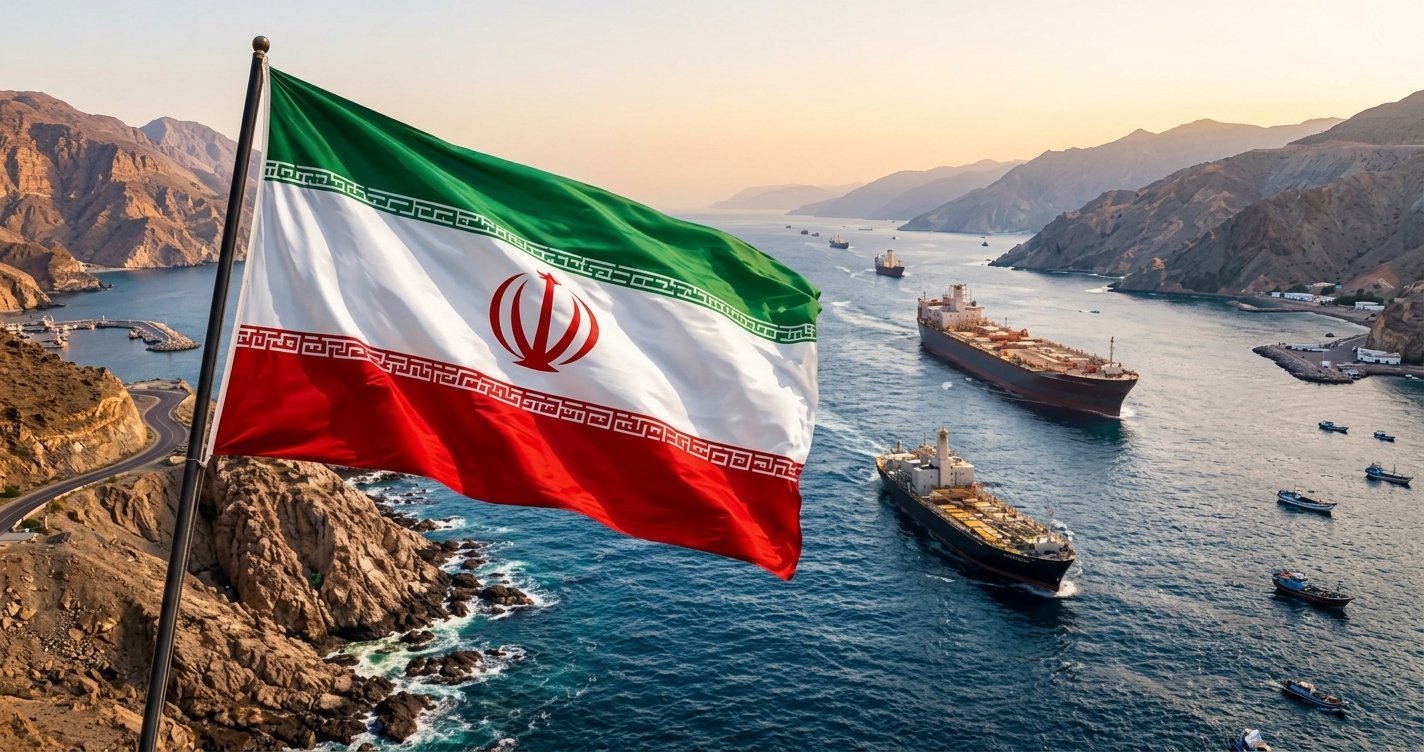 Bendera Iran berkibar di tepi pantai dengan latar belakang kapal-kapal tanker melintasi perairan Selat Hormuz.