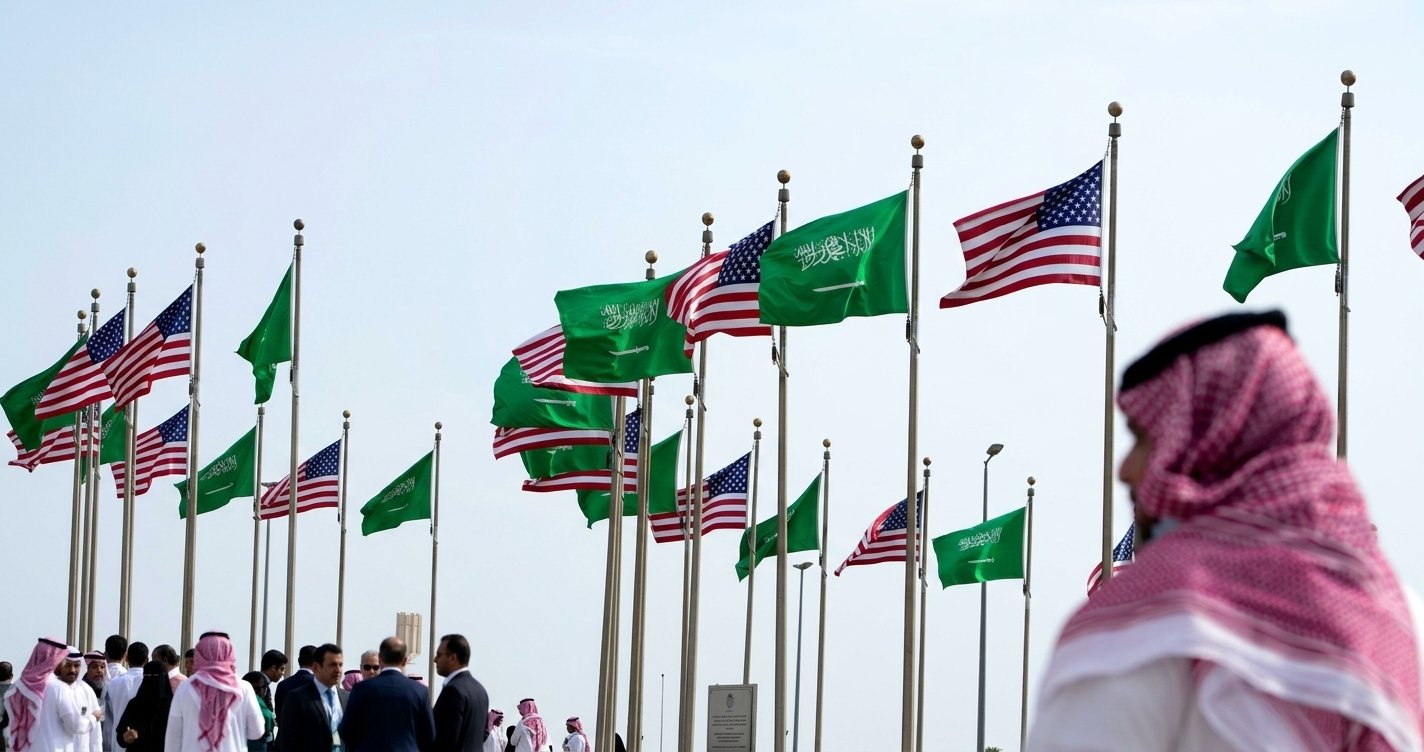 Deretan bendera Arab Saudi dan Amerika Serikat berkibar menandai kerja sama pertahanan.