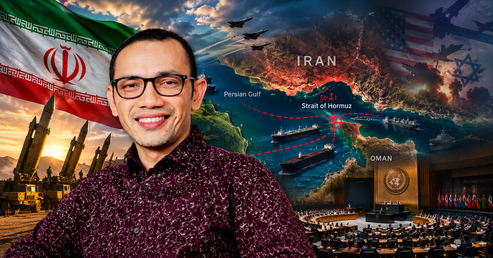 Ilustrasi konseptual ketahanan strategis dan geopolitik Iran dalam menghadapi tekanan militer serta sanksi ekonomi Amerika Serikat dan Israel.