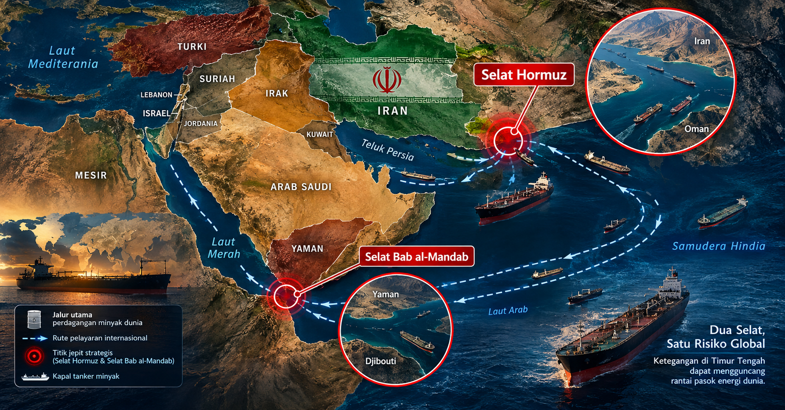 Peta jalur pelayaran maritim strategis Selat Hormuz dan Bab al-Mandab di kawasan Laut Merah dan Teluk Persia.