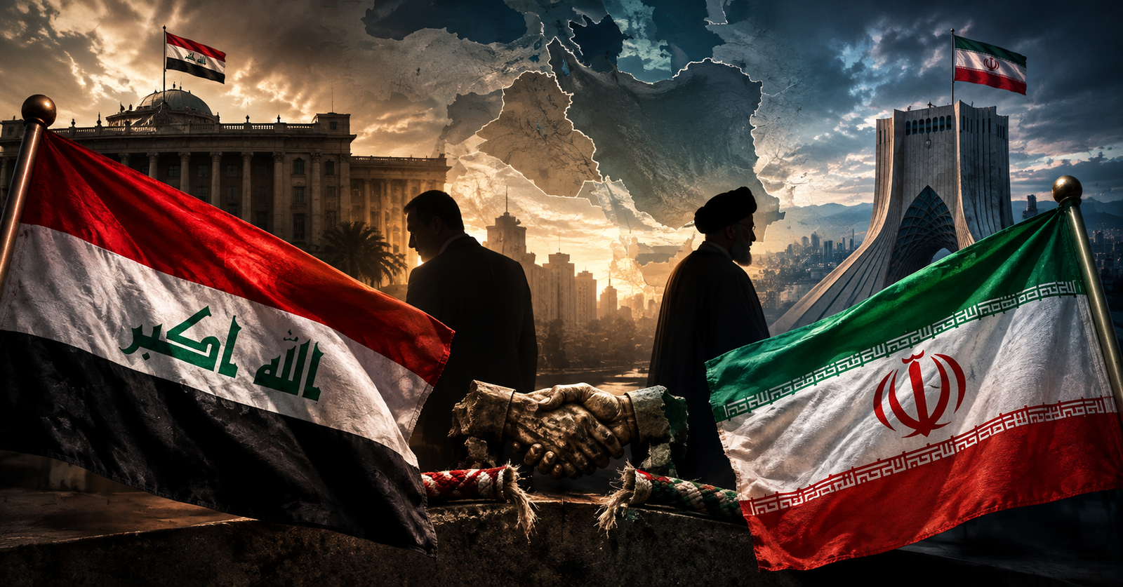 Ilustrasi analisis geopolitik mengenai hubungan strategis antara Irak dan Iran.