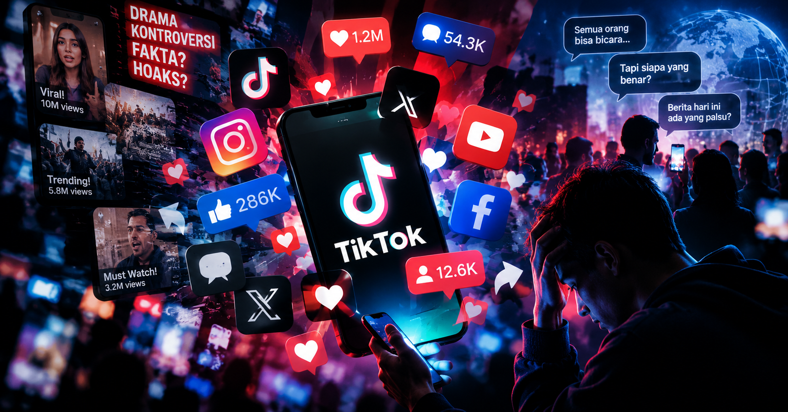 Ilustrasi kritik sosial terhadap fenomena kegaduhan dan algoritma di media sosial TikTok.