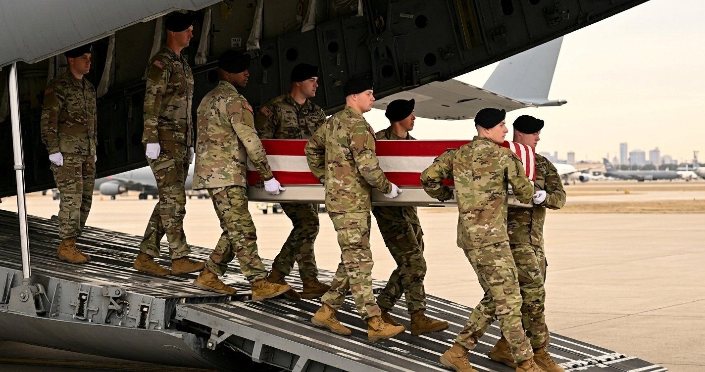 Prajurit militer AS mengangkut peti jenazah berbalut bendera Amerika Serikat dari pesawat angkut militer.