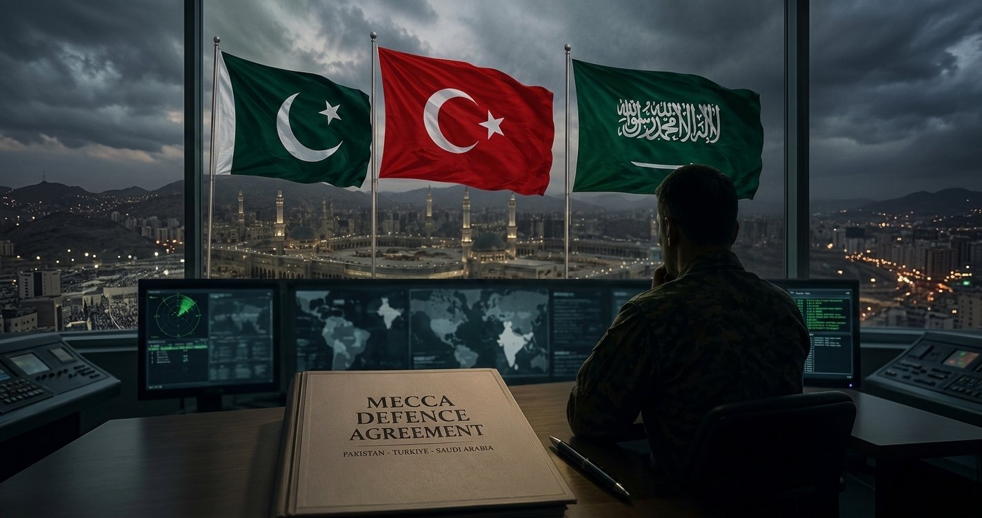 Ilustrasi dokumen Perjanjian Pertahanan Mekah dengan latar belakang bendera Pakistan, Turki, dan Arab Saudi.