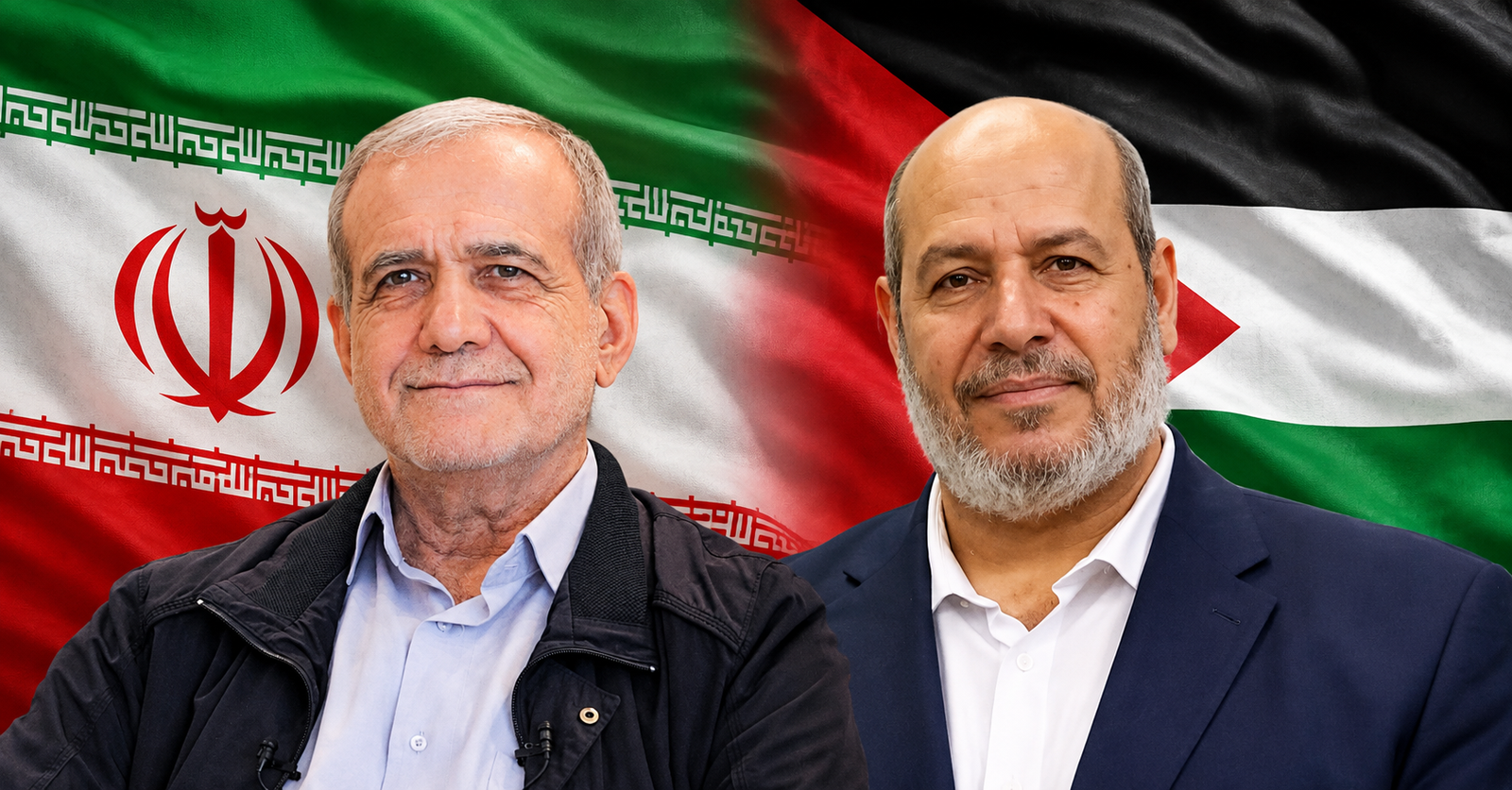 Presiden Iran Masoud Pezeshkian dan Kepala Biro Politik Hamas Khalil al-Hayya dengan latar bendera negara.