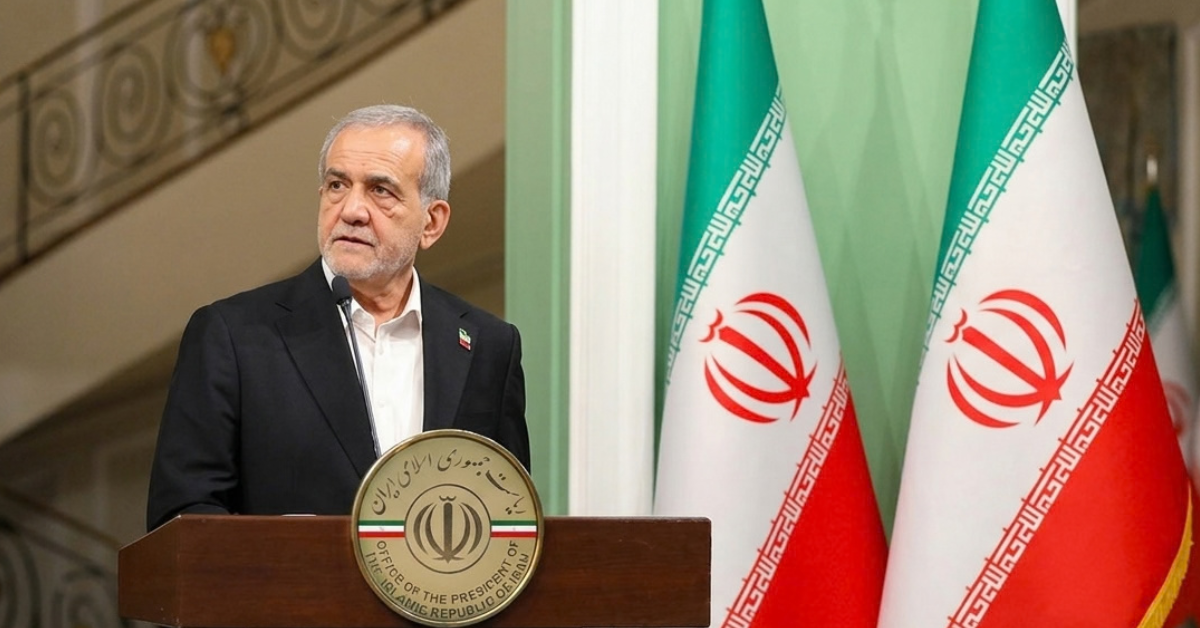 Presiden Iran Masoud Pezeshkian saat menyampaikan pernyataan resmi terkait hubungan internasional.