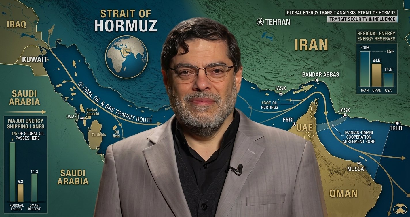 Profesor Mohammad Marandi dengan latar belakang peta strategis Selat Hormuz dan jalur minyak Teluk.