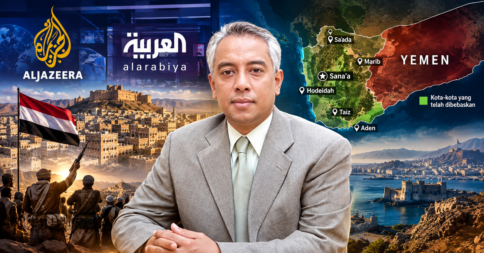 Foto pengamat geopolitik dengan latar belakang logo Al Jazeera dan ilustrasi perang narasi di Yaman.