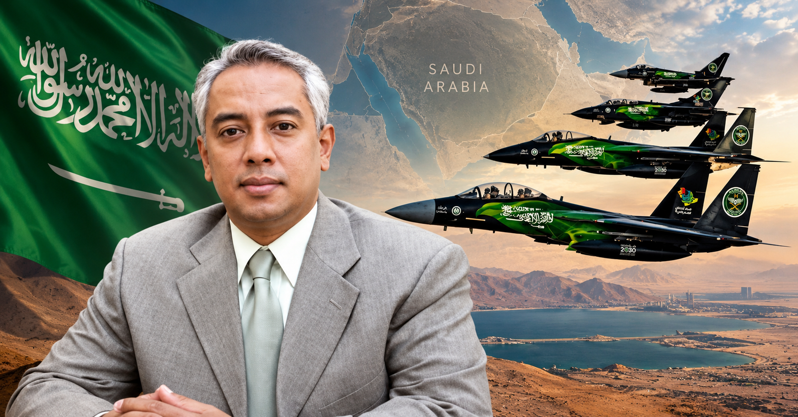 Foto pengamat geopolitik dengan latar belakang ilustrasi jet tempur dan narasi propaganda pertempuran Yaman.