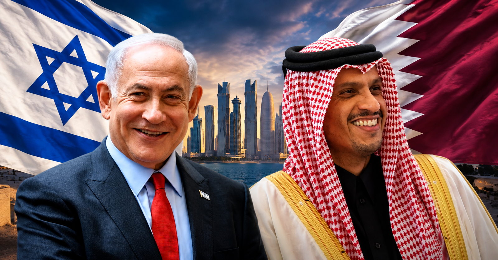Kolase Perdana Menteri Israel Benjamin Netanyahu dan PM Qatar berlatar bendera kedua negara serta Kota Doha.