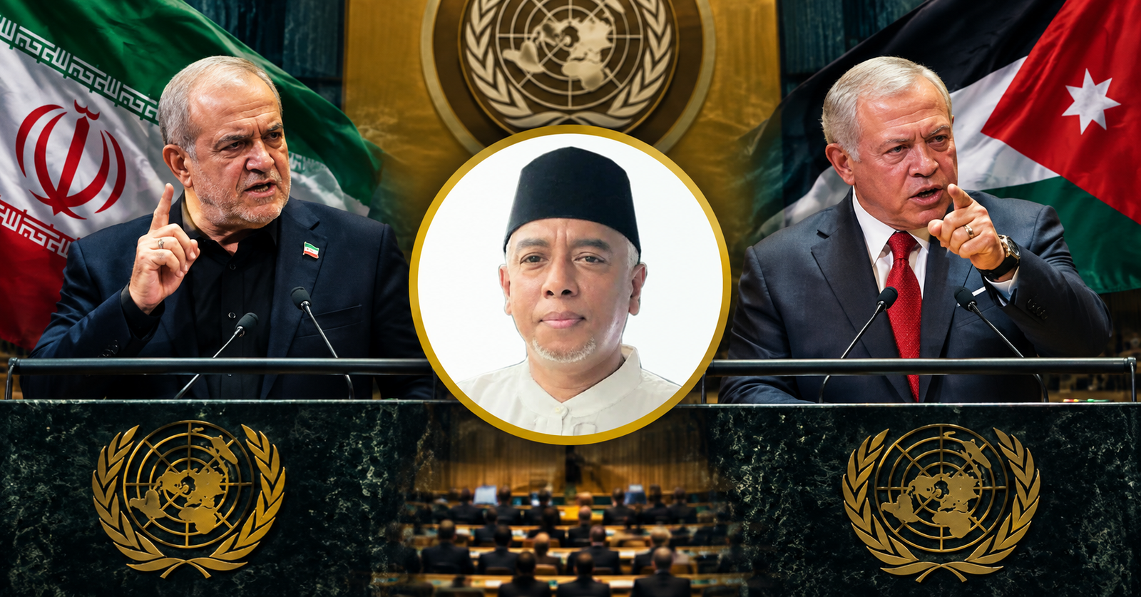 Perbandingan visual Raja Yordania Abdullah II dan Presiden Iran Masoud Pezeshkian saat berpidato di podium Majelis Umum PBB.