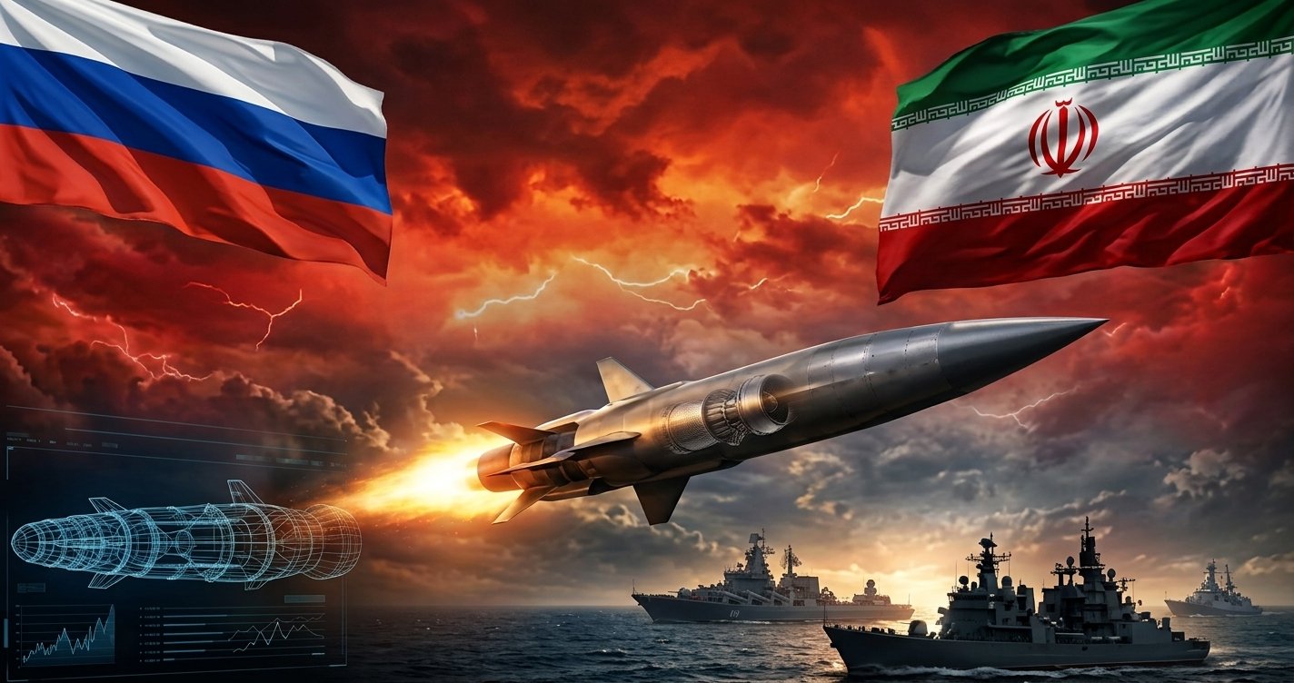 Ilustrasi kerja sama teknologi militer Rusia dan Iran dalam pengembangan rudal jelajah supersonik.