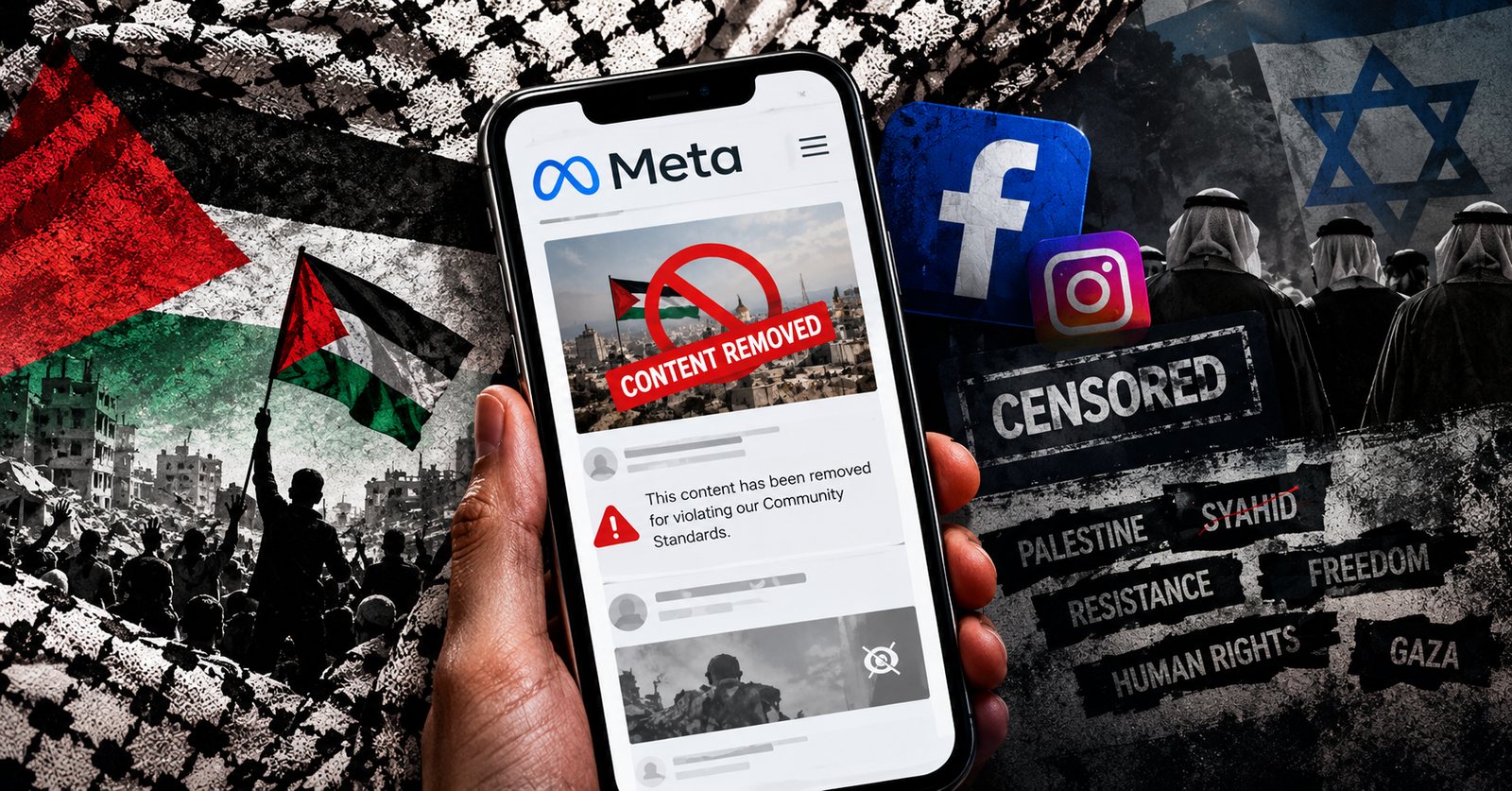 Ilustrasi sensor digital dan pembungkaman konten pro-Palestina di media sosial.
